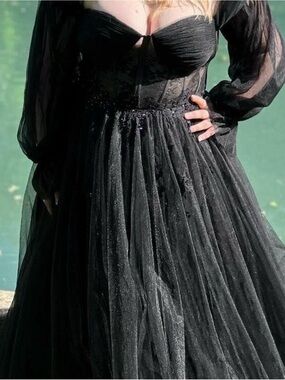 Elegant Black Tulle Prom Dress with Sheer Long Sleeves